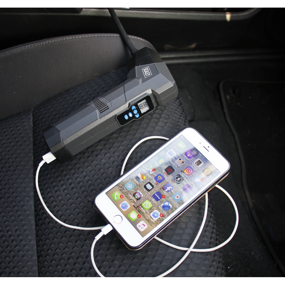 Expansion Vessel Pump. Compact Rechargeable Tyre Inflator & Power Bank with Worklight.