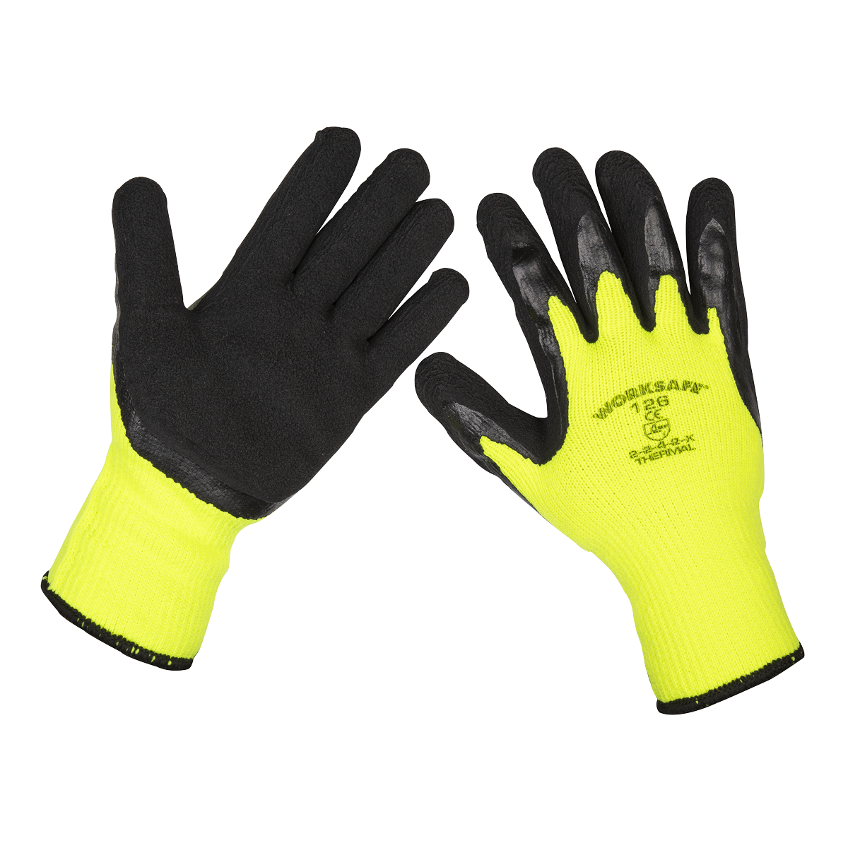Pair of gloves with black and yellow color scheme on a white background
