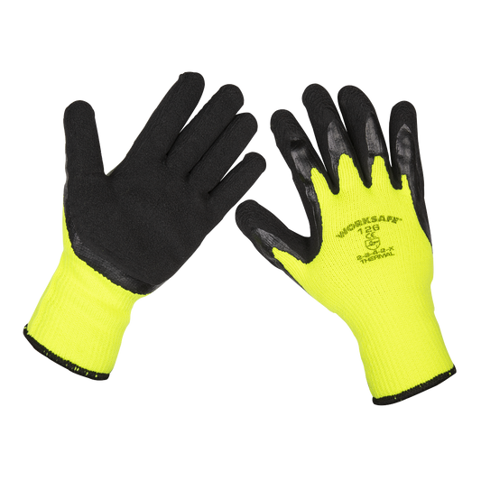 Pair of gloves with black and yellow color scheme on a white background