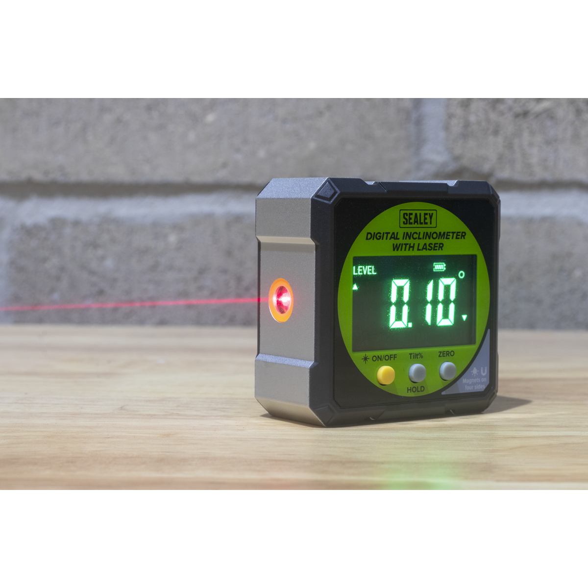 Sealey digital inclinometer with laser on a wooden surface