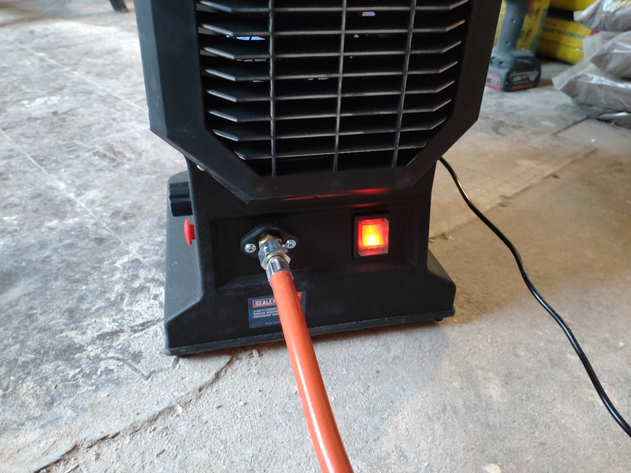 Space Heater Warmer Cordless Option Propane Heater 30,000-68,000Btu/hr (9-20kW) 230V in use.