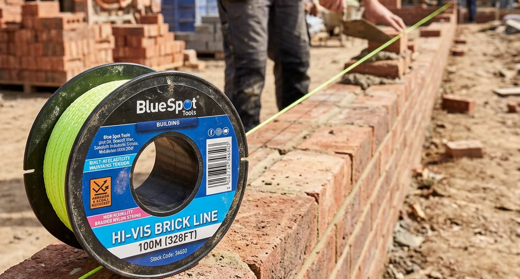 A spool of BlueSpot Builders Hi-Vis Brick Line 100m (328ft) neon yellow-green corduroy rope is shown in the foreground on a construction site, with a worker measuring a brick wall in the blurred background.