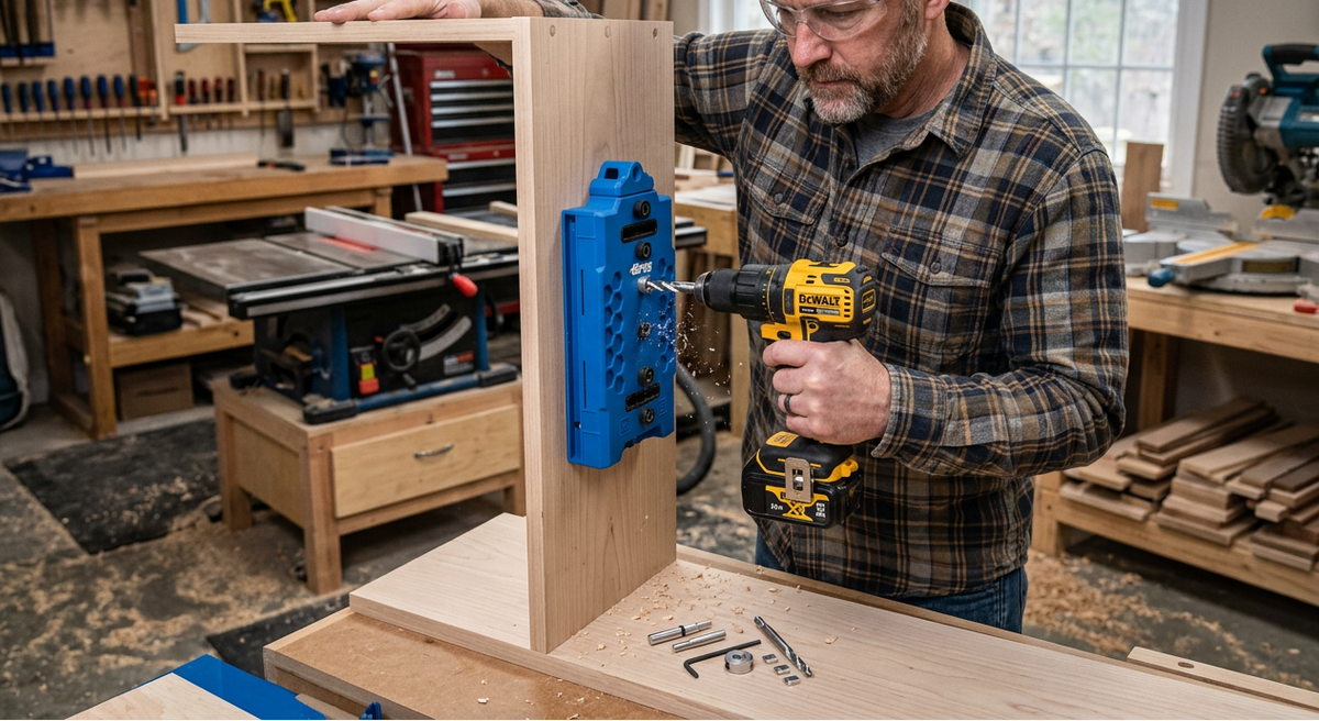 A man in a woodworking shop uses a yellow and black DeWalt cordless drill to install a blue Kreg shelf jig system into a cabinet.