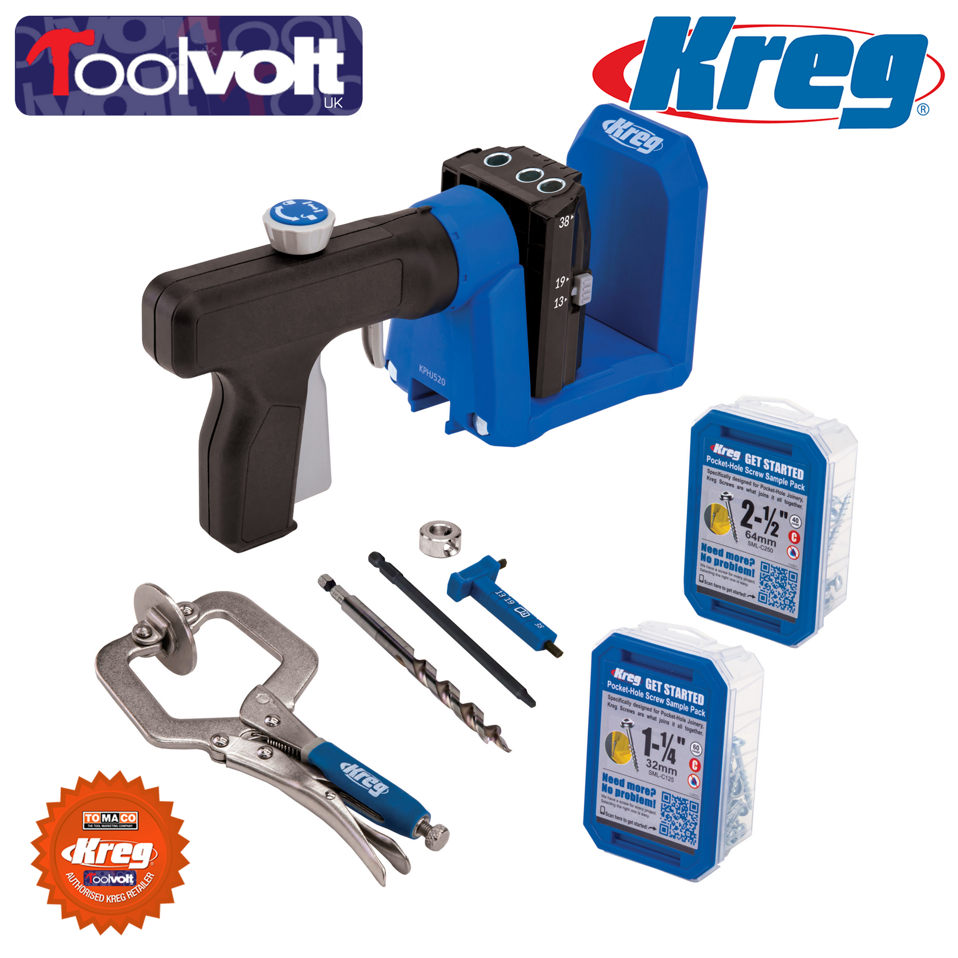 Kreg Pocket Hole Jig 520 Pro Kit, including a blue and black jig, a collection of Kreg screws, and a drill bit.