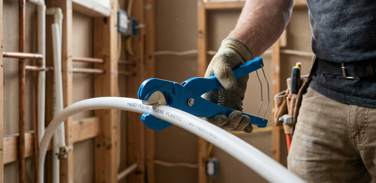 A close-up of a plumber's hands wearing a work glove and holding a blue plastic pipe cutter over a white PVC pipe in an unfinished room with wooden framing.
